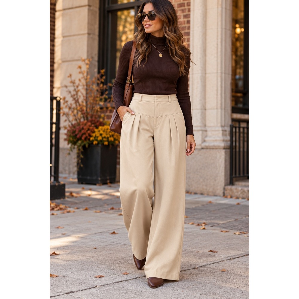 Wide Leg Pleated High-Waist Pants in Beige